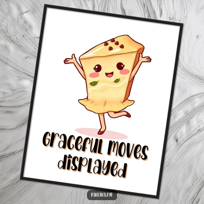 Funny baklava pirouette poster showing a delighted baklava slice in a graceful dance pose, embodying sweet artistry.