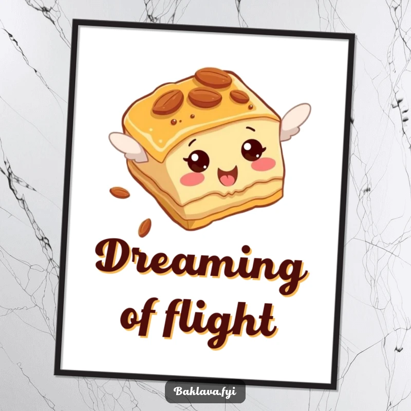 Funny Baklava Poster showcasing an almond-studded slice comically attempting to fly, adding hilarious humor to decor.