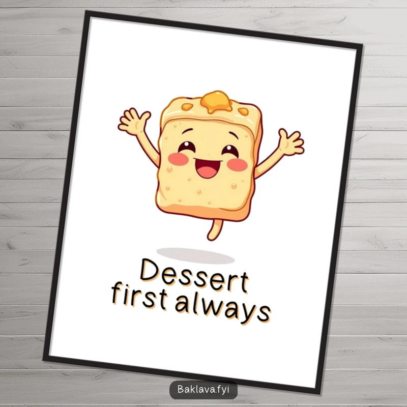 Funny baklava poster depicting a happy, leaping piece of baklava, adding a touch of culinary joy.