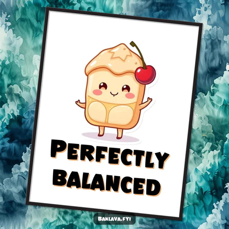 Funny Baklava Poster showcasing a happy slice character with a sweet smile, balancing a cherry, adding joy to decor.