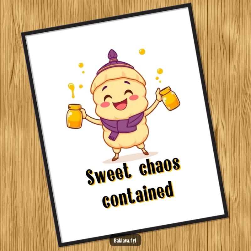 Funny poster: a baklava character with a wide grin juggles multiple honey jars with obvious delight.
