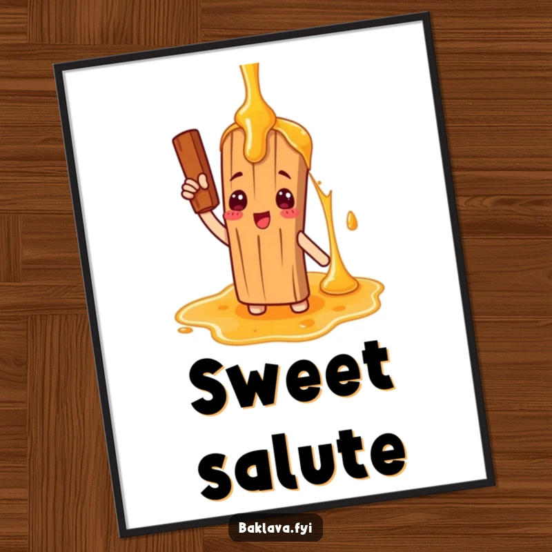 Funny poster displaying a cinnamon stick character in a comical salute to a large honey drizzle, bringing sweet-themed humor to wall decor.