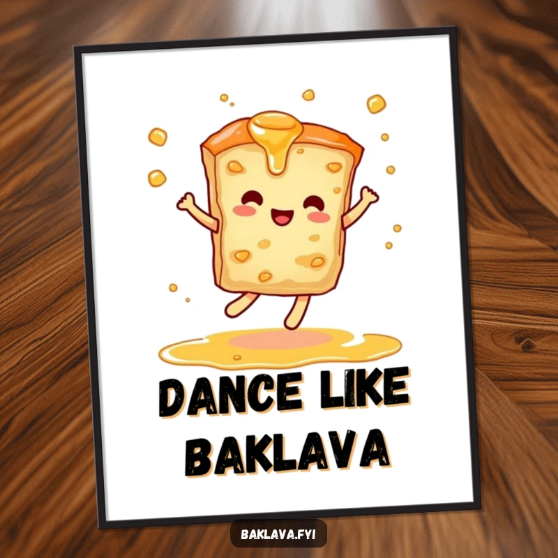Funny poster illustrating a baklava slice performing a dynamic dance, with syrup elegantly trailing, creating a visually sweet and humorous piece.