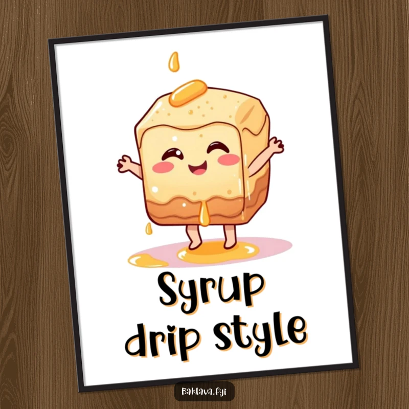 Funny smiling baklava pastry character dancing with syrup dripping, vibrant and sweet funny poster.