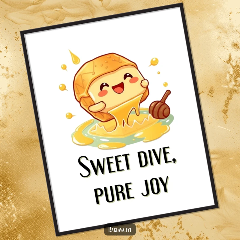 Funny giggling baklava piece doing a cannonball into a honey pool, a vibrant poster for a cheerful room.