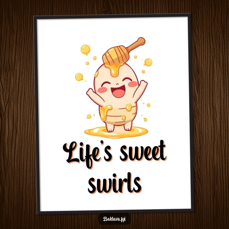 Funny honey dipper poster displaying a laughing dipper playfully sprinkling golden swirls, bringing vibrant humor and sweetness to any room.