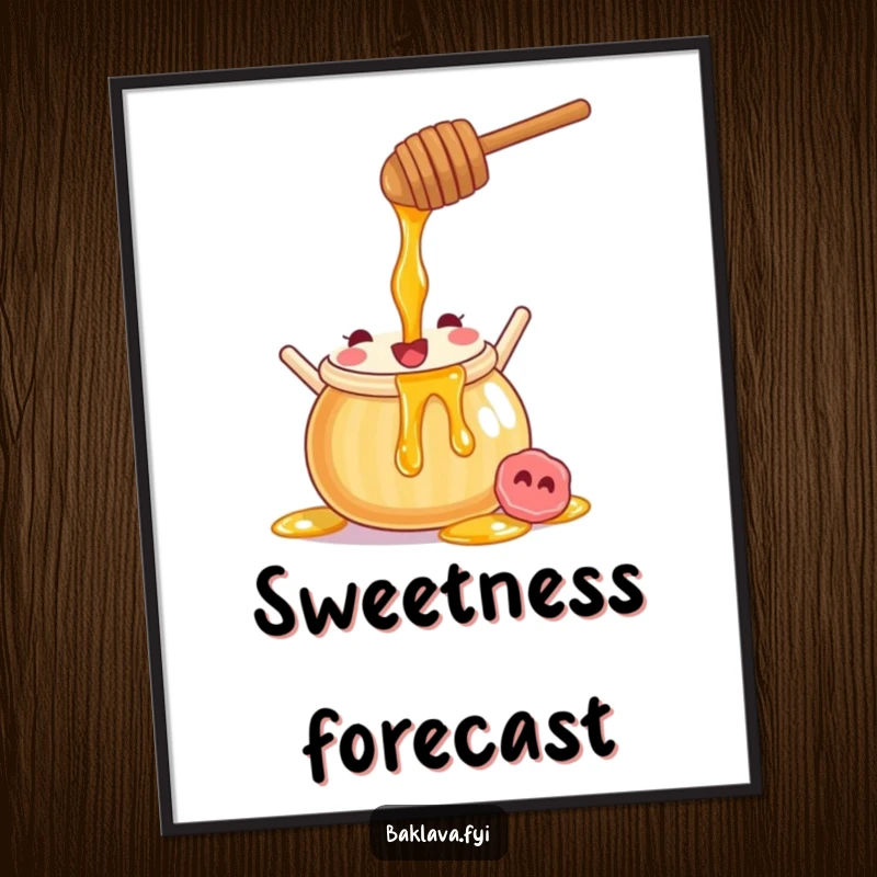 Funny honey pot poster showing a joyful character pouring sweet syrup, ideal wall art for kitchens or cafes.