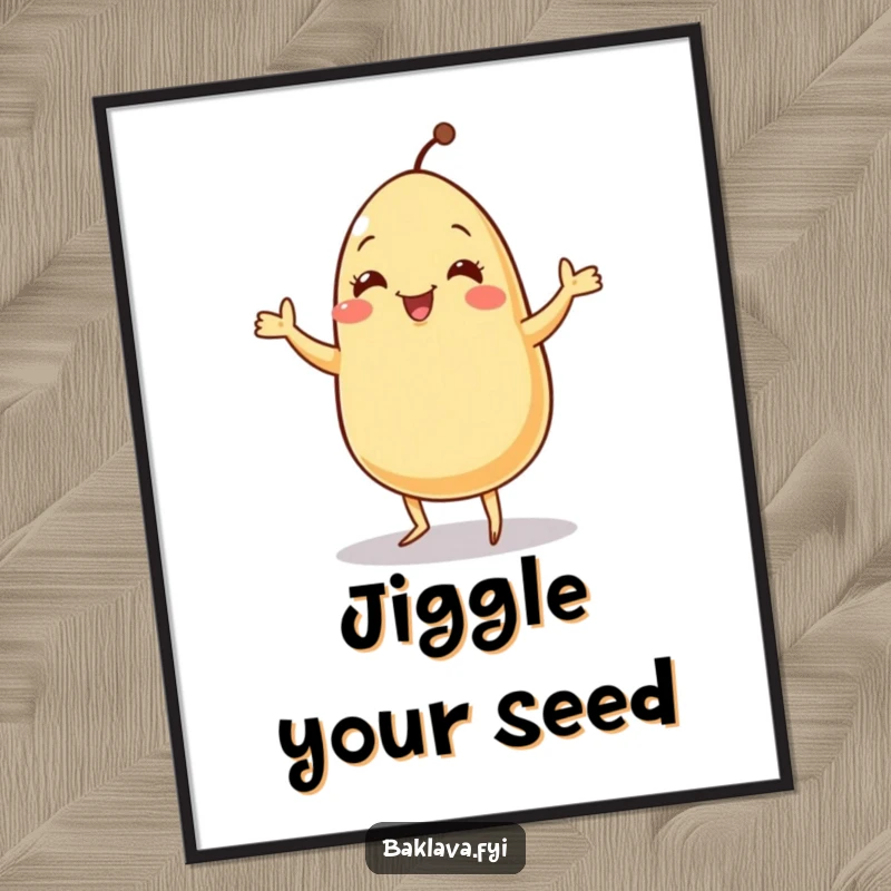 Funny jolly sesame seed character doing a tiny jig, presented as energetic and humorous wall art.