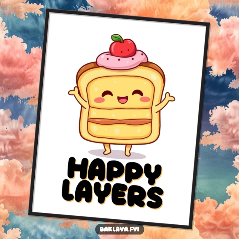 Funny happy, layered pastry doing a little shimmy, as wall art, radiating joyous and celebratory baked good charm.