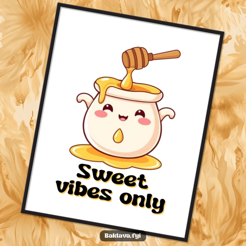 Funny smiling honey pot splashing a tiny droplet, a whimsical and funny poster.
