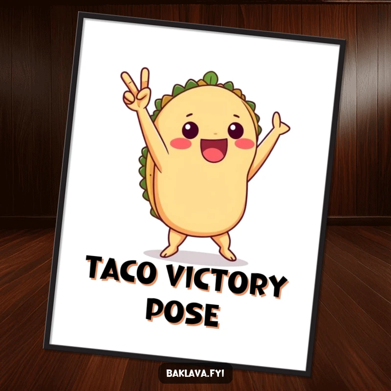 Funny taco victory dance poster of a playful taco mid-celebration, adding a dynamic, festive vibe.