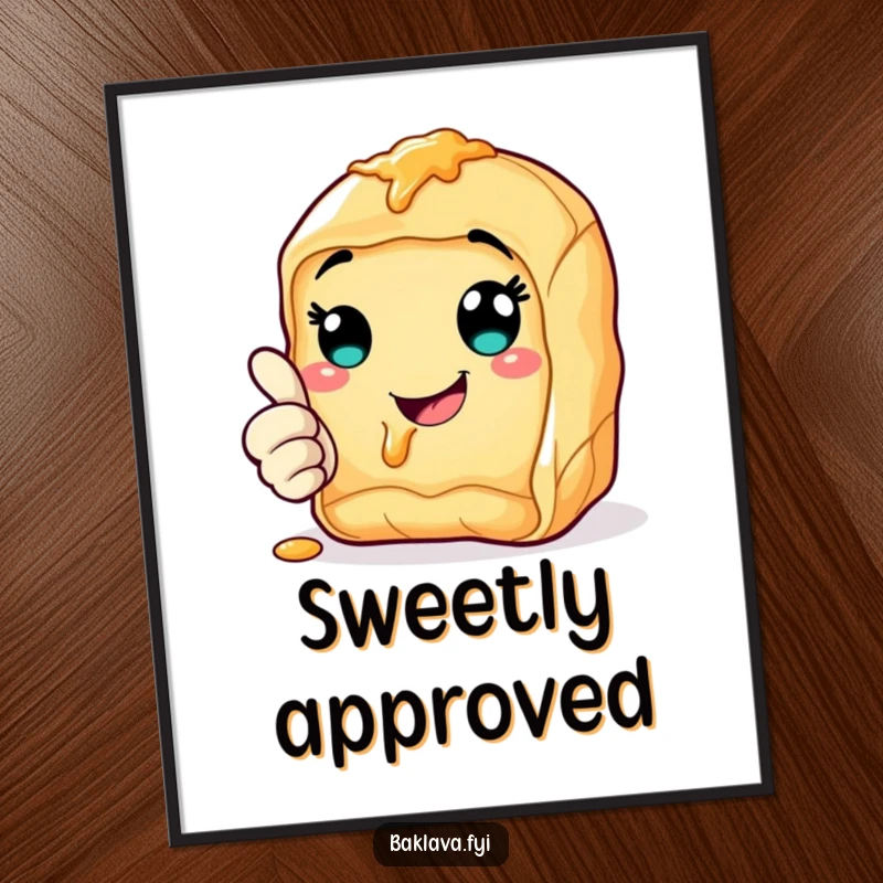 Funny cheerful baklava poster giving a thumbs up with a syrupy smile, radiating positivity and sweetness.