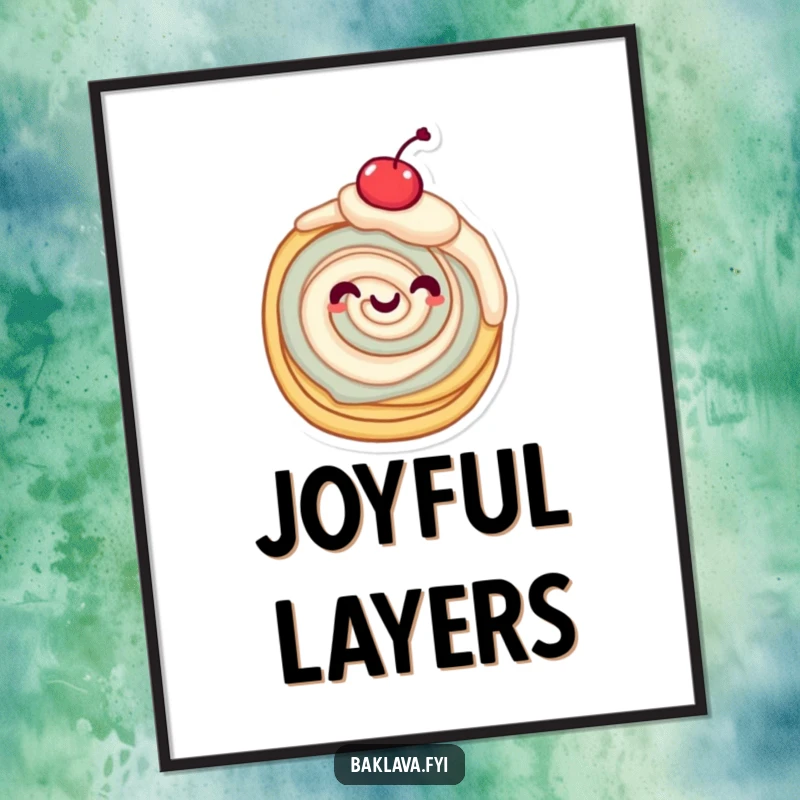 Funny pastry character joyfully twirling with a cherry on top, vibrant and sweet funny poster.