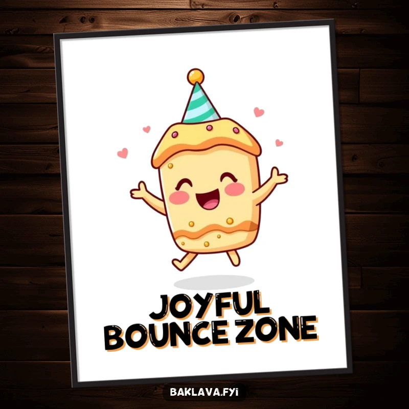 Funny poster: a baklava character in a party hat bounces exuberantly with pure, unadulterated joy.