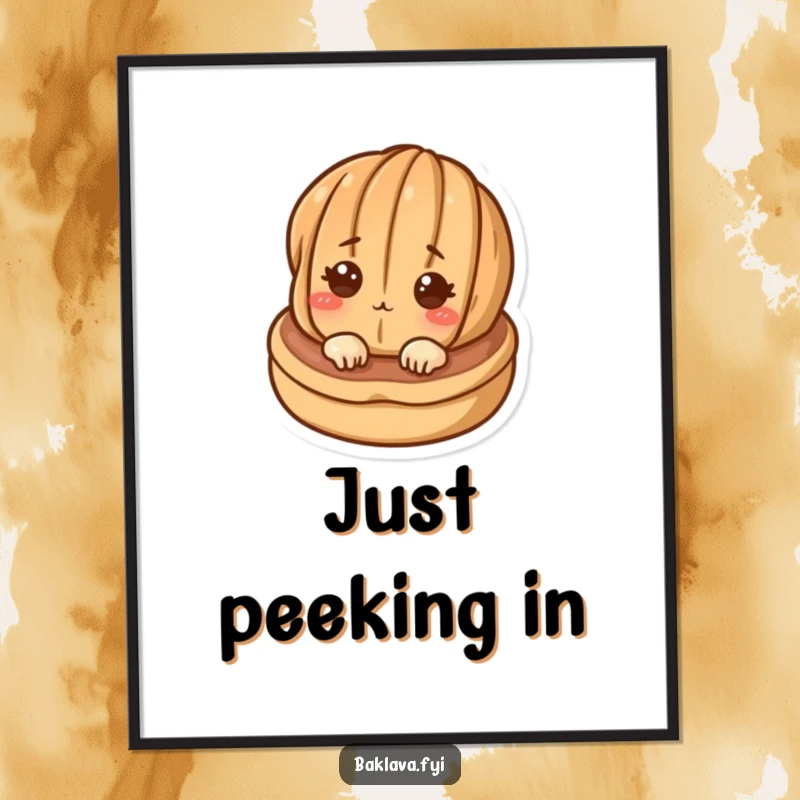 Funny curious walnut character peeking from a delicious pastry, presented as a whimsical and humorous wall art poster.
