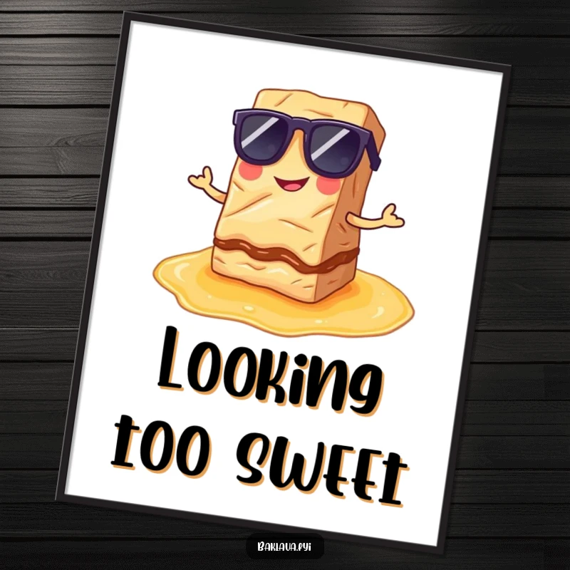Funny Poster: A baklava slice in sunglasses poses on syrup, a humorous and stylish piece of art.
