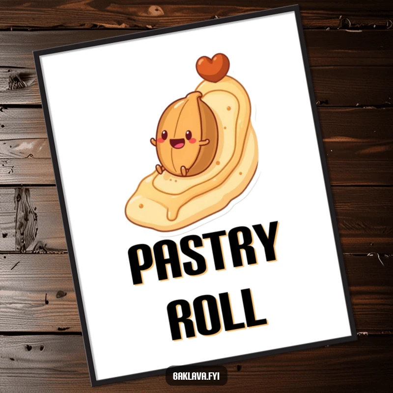 Funny poster of a nut character excitedly rolling down a flaky pastry-shaped hill, bringing sweet, humorous art to any room.