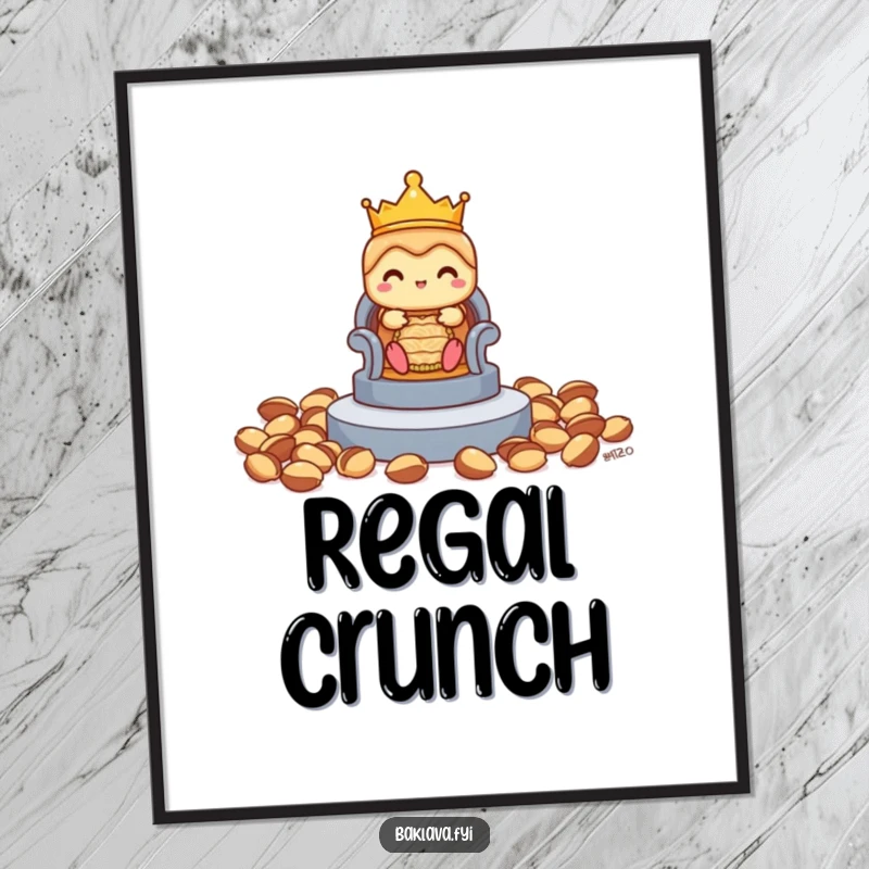 Funny shy baklava poster depicting a crowned baklava cautiously approaching a throne made of pistachios, a delightful piece of art.