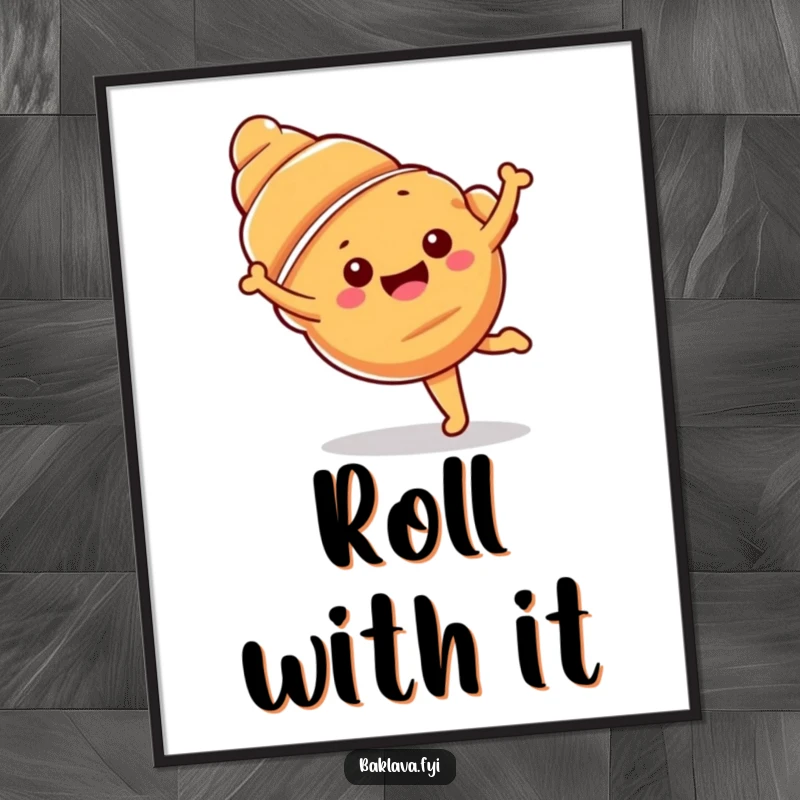Funny croissant poster of a happy croissant mid-cartwheel, adding a dynamic, cheerful vibe.