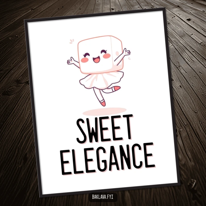 Funny sugar cube poster displaying a delighted cube performing a ballet pirouette, bringing vibrant humor and sweet elegance to any room.