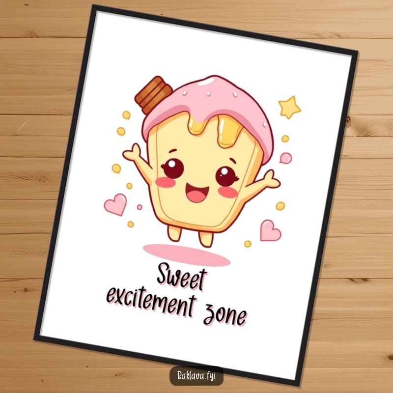 Funny sweet honey pastry character hopping with excitement, vibrant and sweet funny poster.