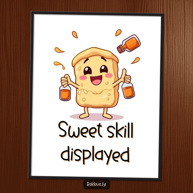 Funny baklava character enthusiastically juggling syrup bottles, as a dynamic poster. Humorous dessert-themed wall art.