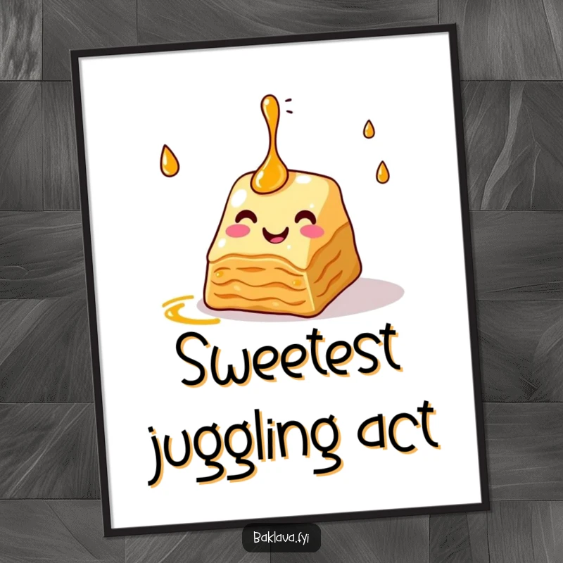 Funny baklava poster showing a slice juggling syrup, creating a visually appealing and humorous piece of art for kitchens, cafes, or dessert-themed rooms.