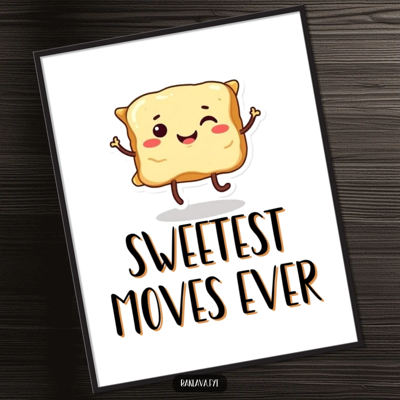 Funny smiling baklava with legs, performing a joyful dance, radiating pure, sweet fun on this wall art poster.