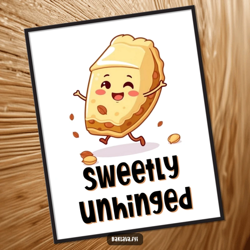 Funny baklava slice poster doing a cartwheel with scattered nuts, vibrant and humorous wall art for dessert enthusiasts.