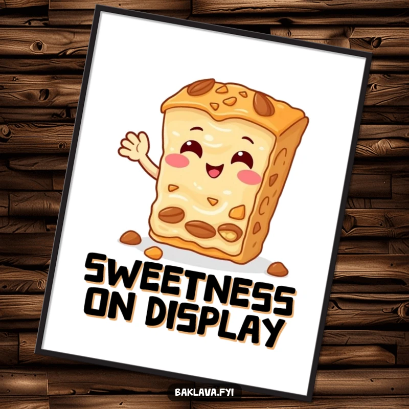 Funny Baklava Poster showcasing a cheerful slice with nuts, waving a warm hello, adding sweet humor to any wall.