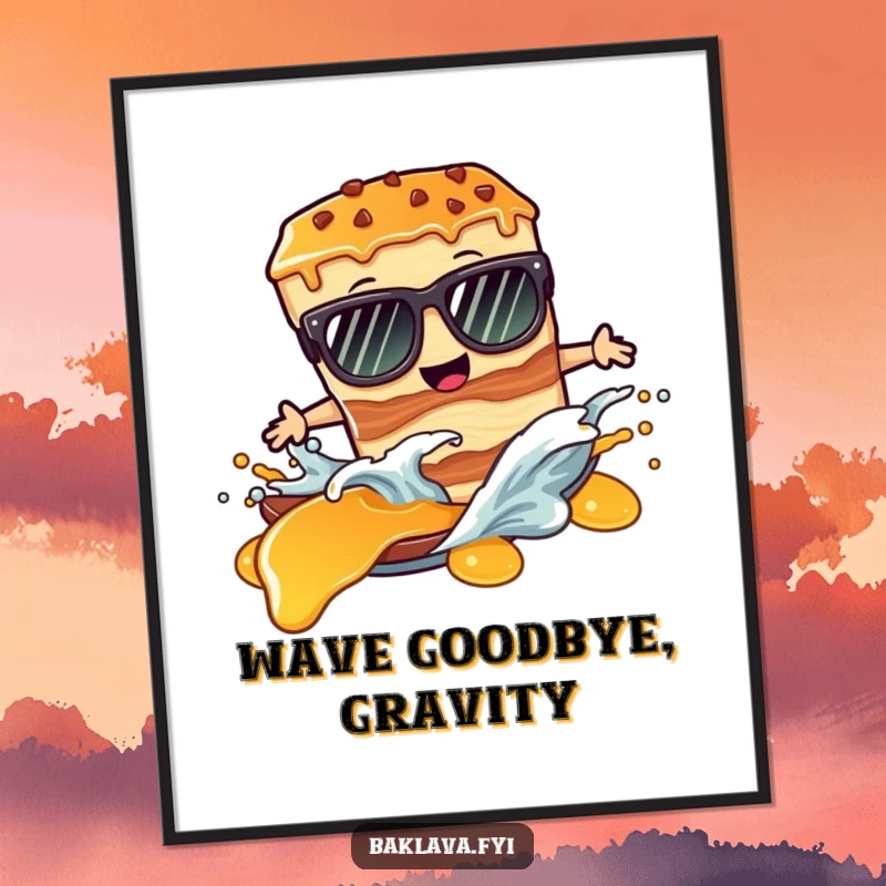 Funny poster: a baklava slice wearing sunglasses rides a syrup wave with a cool attitude.