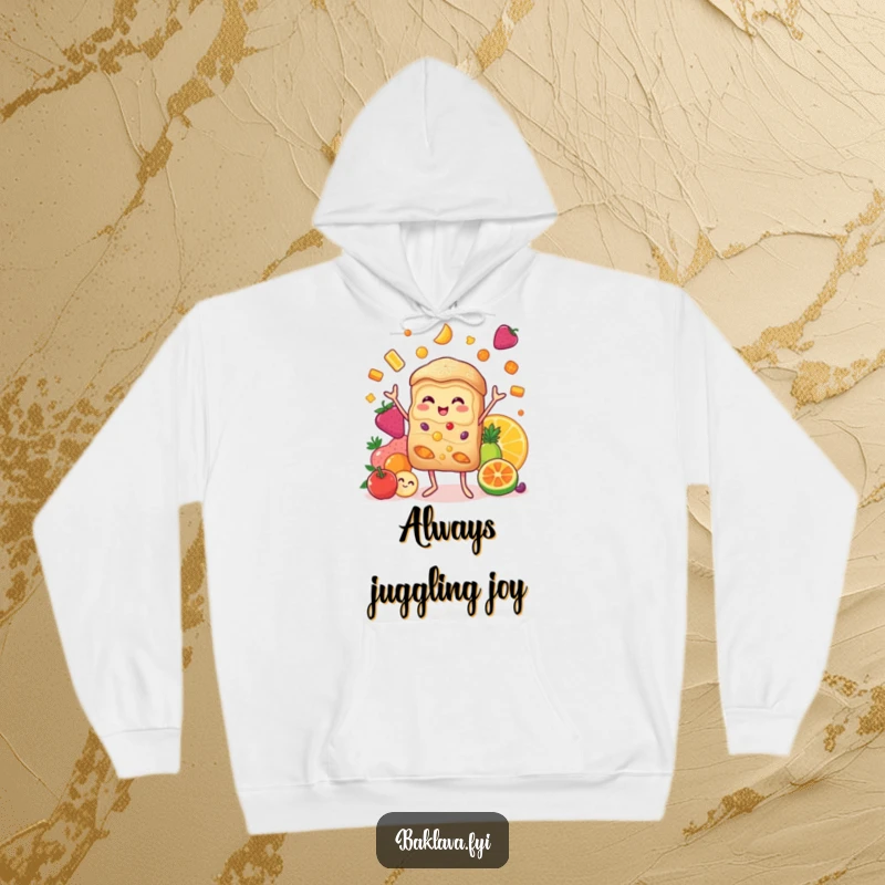 Funny baklava hoodie with a cheerful character juggling an assortment of bright candied fruits, offering warmth and humor.