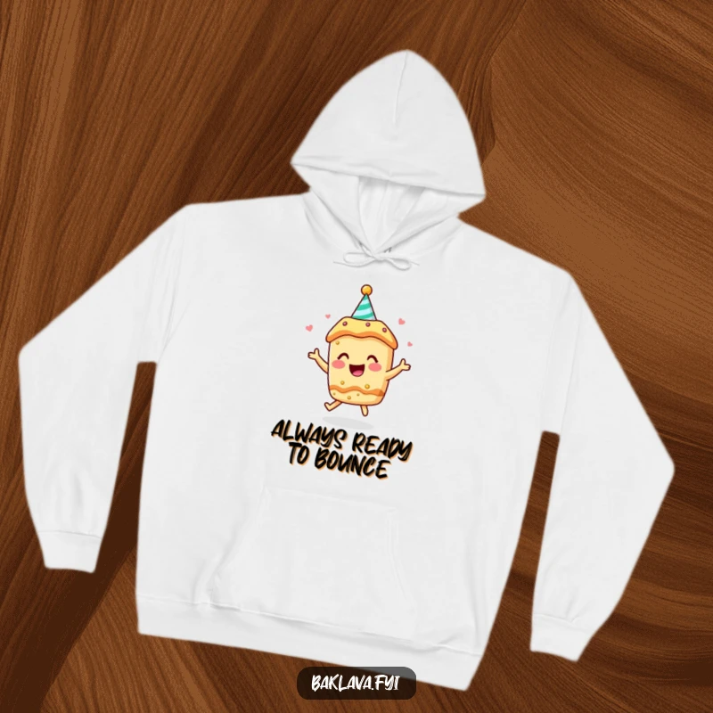 Funny hoodie: a baklava character in a party hat bounces with absolute joy and energy.