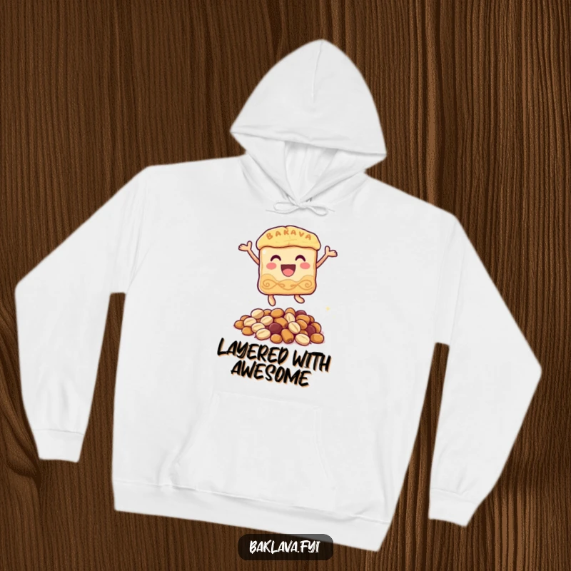Funny baklava hoodie featuring a gleeful baklava character mid-leap over a small pile of nuts, perfect for cozy, humorous lounging.
