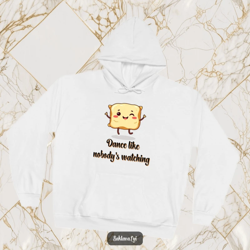 Funny smiling baklava with legs, captured mid-dance, bringing sweet and humorous vibes to this cozy hoodie.