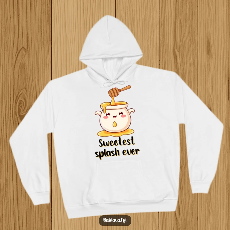 Funny honey pot splashing a droplet, a cozy and funny hoodie.