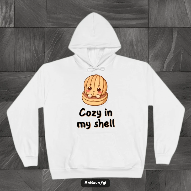 Funny curious walnut character peeking from a pastry, printed on a comfortable hoodie, ideal for a humorous and warm look.