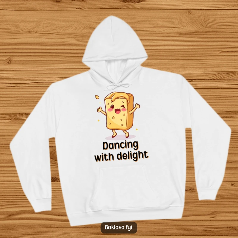 Funny baklava doing a happy dance, a cozy and funny hoodie.