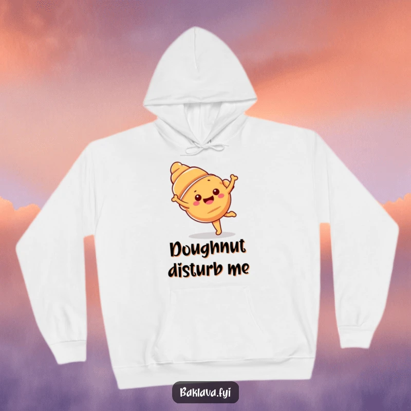 Funny croissant hoodie with a happy croissant performing a cartwheel, offering cozy comfort and style.