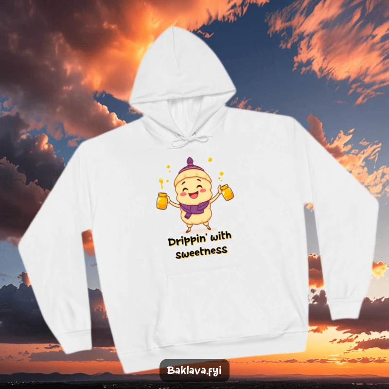 Funny hoodie: a baklava character joyfully juggles honey jars with pure delight.