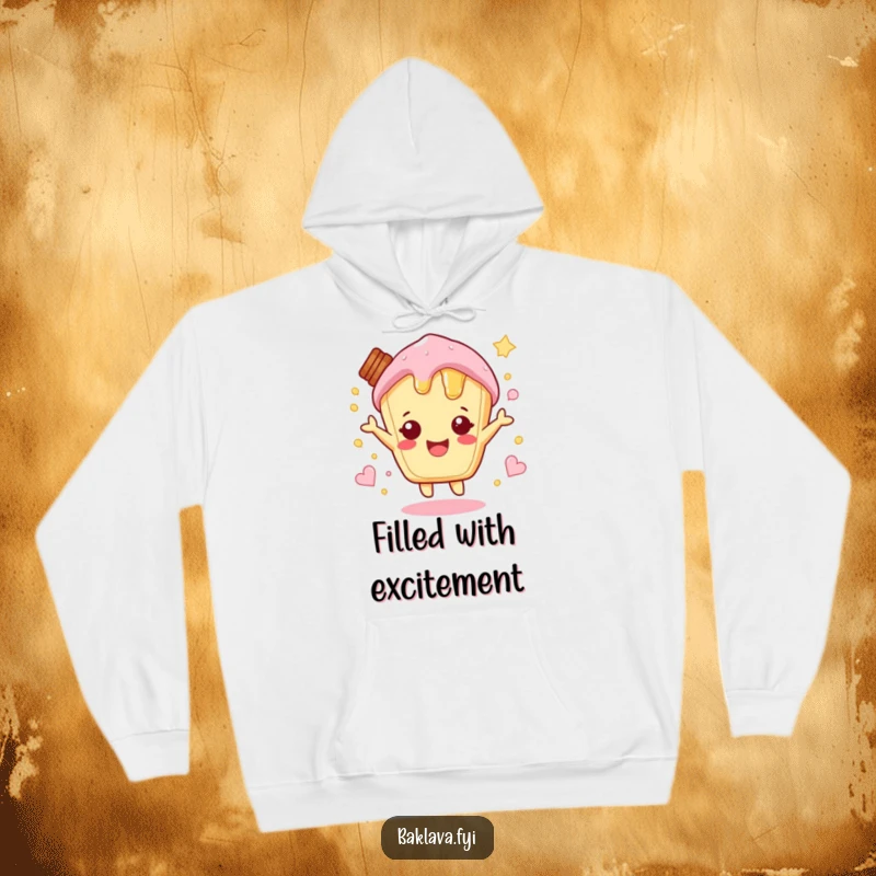 Funny sweet honey pastry character hopping with excitement, cozy and sweet funny hoodie.