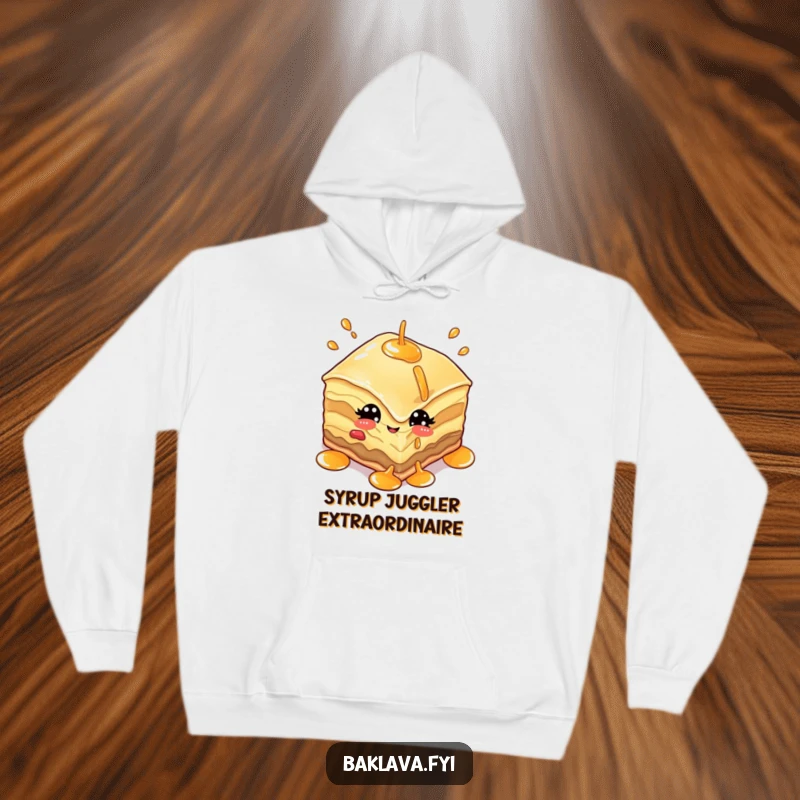 Funny hoodie with a baklava character winking playfully while juggling syrup, representing sweet and tricky fun.