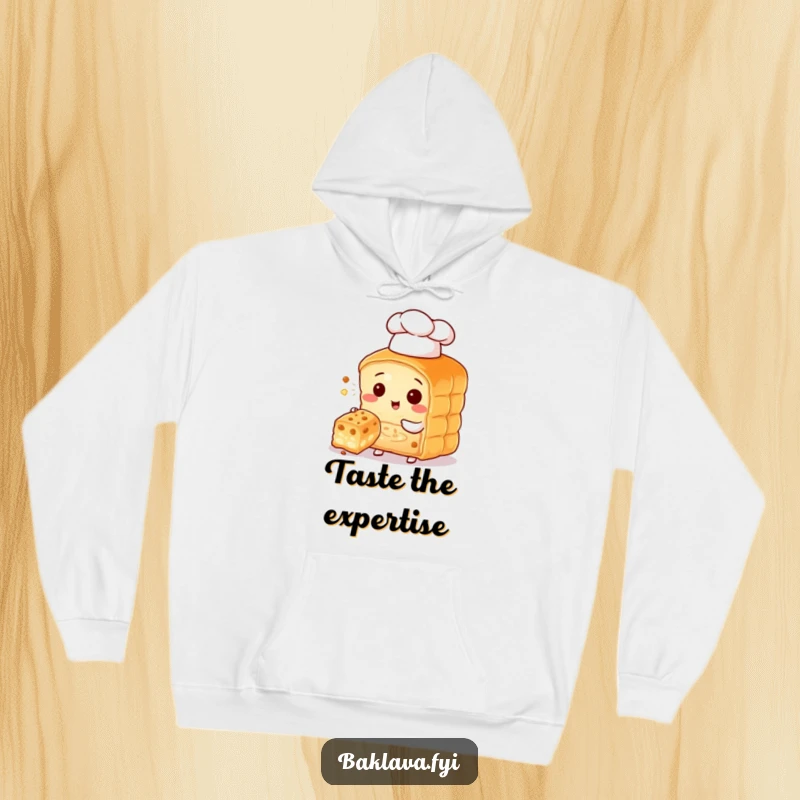Funny baklava character chef in a tiny hat offering a bite, a cozy and humorous hoodie design.