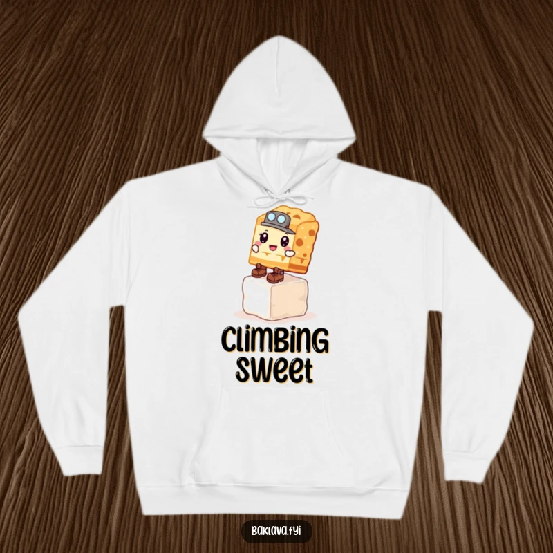 Funny Hoodie: A baklava slice in explorer boots scales a sugar cube, a funny symbol of determination.