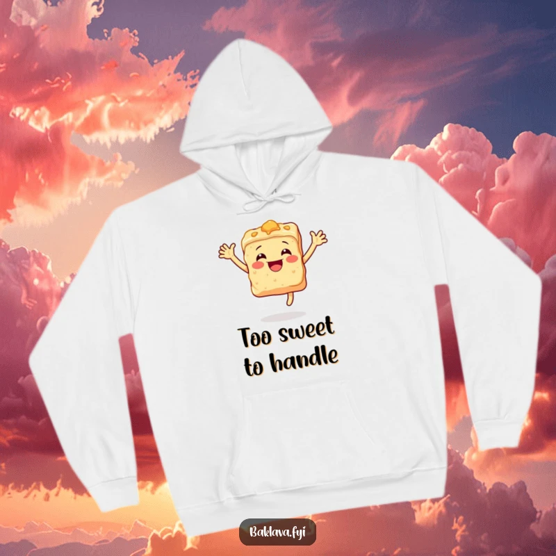 Funny baklava hoodie featuring a happy, leaping piece of baklava, offering comfort and sweet style.