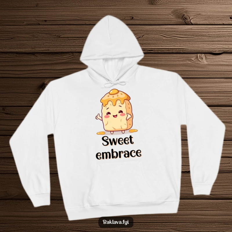 Funny Hoodie: A baklava with arms hugs a giant honey pot, symbolizing a funny and sweet obsession.