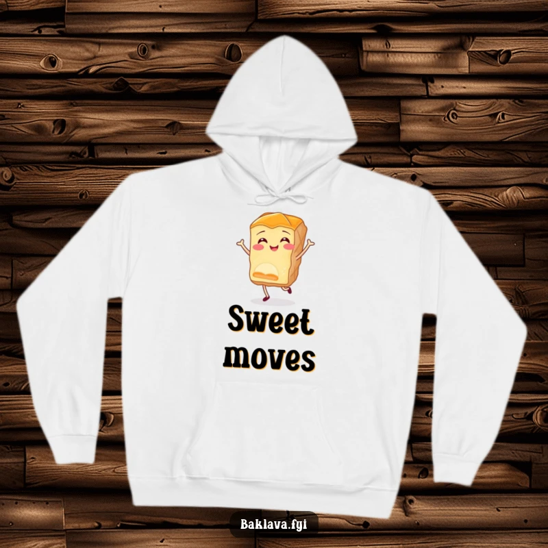 Funny baklava hoodie featuring a smiling piece of pastry doing a joyful little jig, offering warmth and humor for dessert fans.
