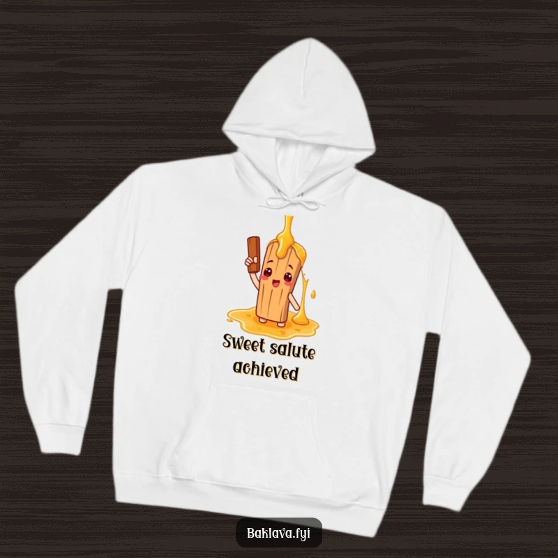 Funny hoodie showcasing a cinnamon stick character comically saluting a giant honey drizzle, offering warmth and a humorous, sweet-themed design.