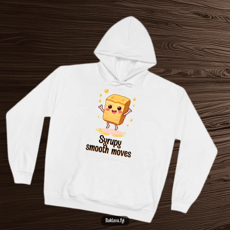 Funny happy baklava slice dancing with syrup droplets, a cozy and humorous hoodie.