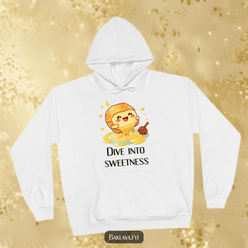 Funny giggling baklava piece doing a cannonball into a honey pool, a warm hoodie for sweet moments.